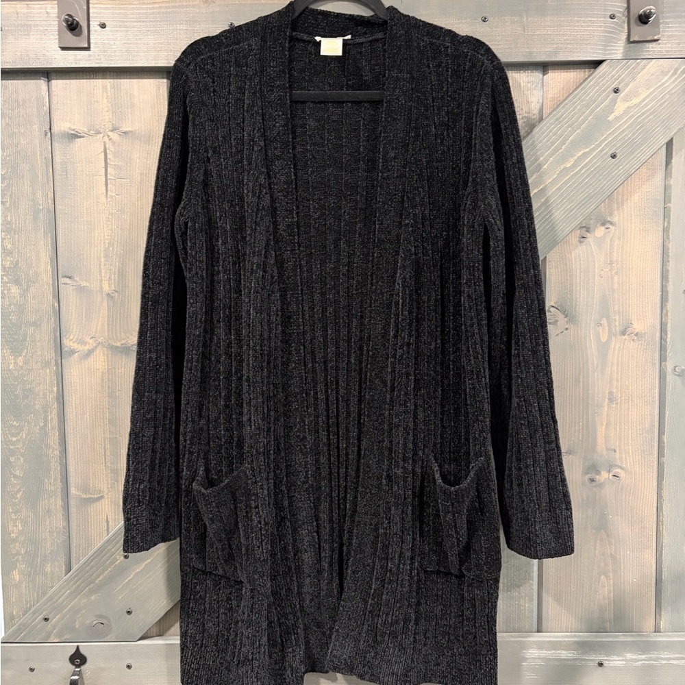 Matty M Charcoal Black Ribbed Open-Front Long Cardigan Pockets Women’s XL